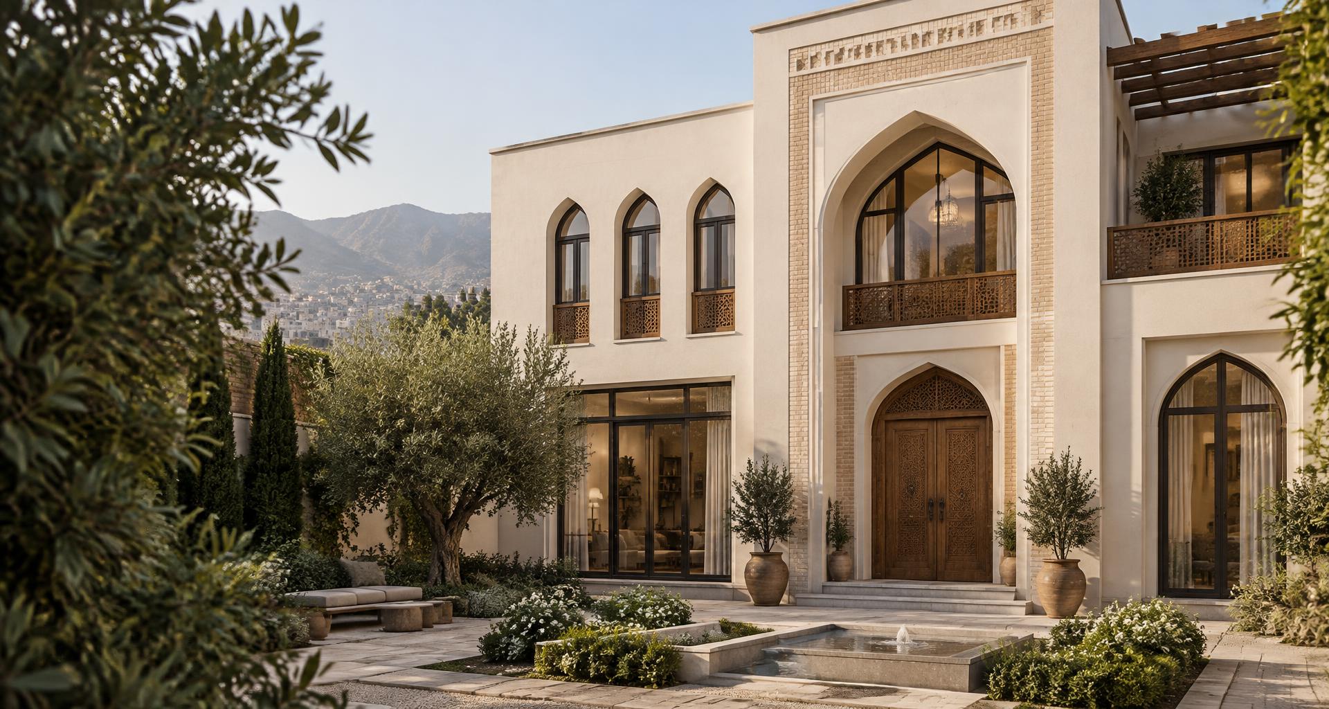 A contemporary Afghan home with traditional arched windows and a peaceful courtyard